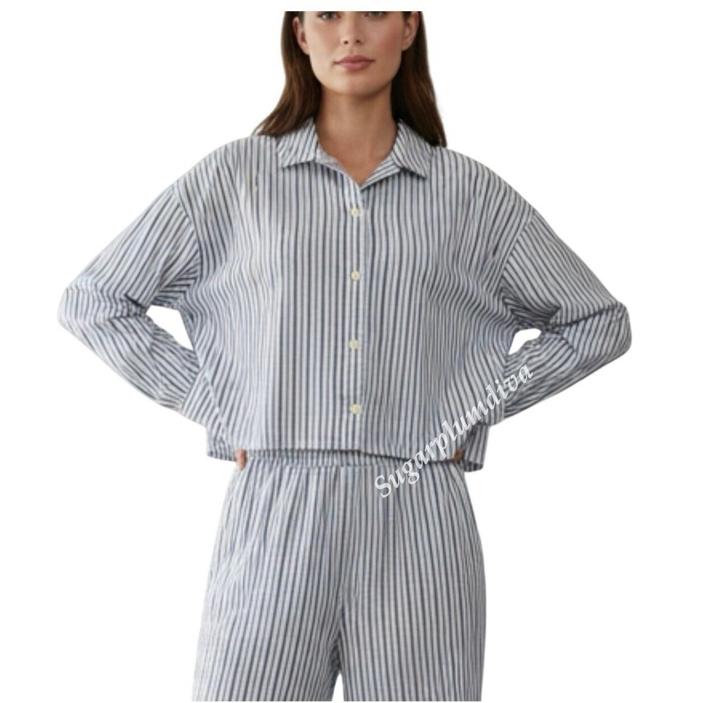 Everlane The‎ Woven PJ Top Cropped Pajama Shirt LARGE Brown Striped Cotton Boxy